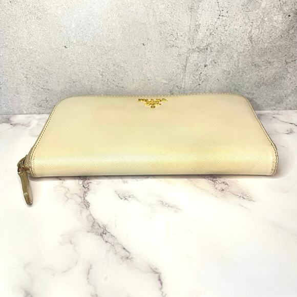 Prada Saffiano Cream Leather Zip Wallet Gold Hardware with Authenticity Card - Picture 7 of 12